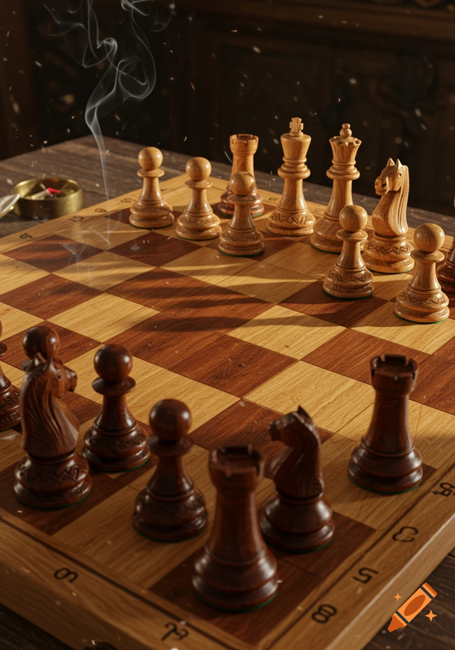 A photorealistic close-up of a wooden chessboard with light and dark pieces set up, with smoke rising from an ashtray.