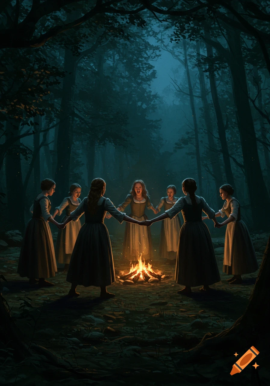 Six girls in colonial dresses dance in a circle around a campfire in a dark, misty forest, rendered in a dramatic oil painting style.