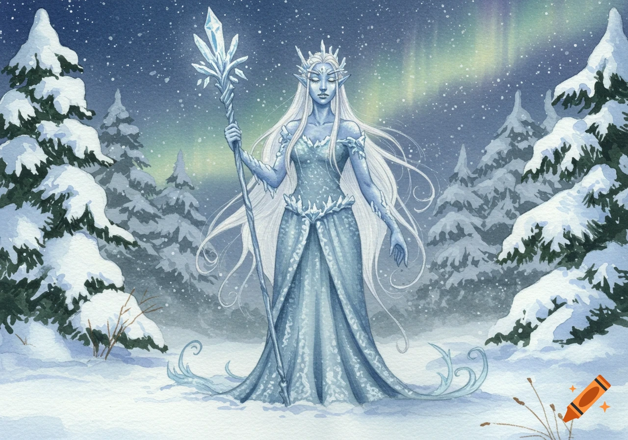 A watercolor illustration of an ice genasi woman with long white hair, holding an ice staff in a snowy forest under an aurora.