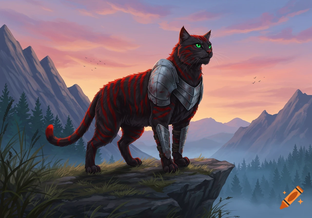 A black cat with red stripes and green eyes wears silver armor, standing on a cliff overlooking a misty mountain valley at sunset.