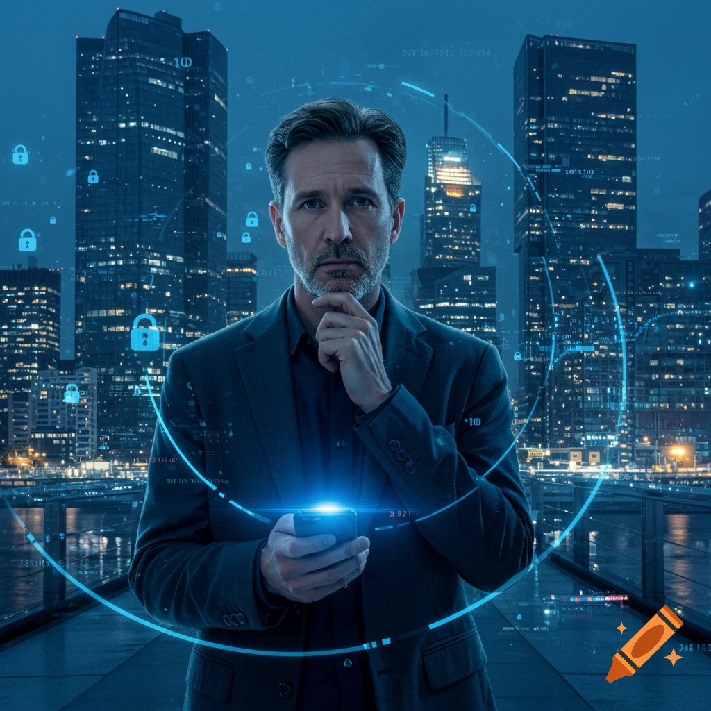 Thoughtful man in a suit holding a glowing smartphone against a futuristic cityscape background with digital security overlays.