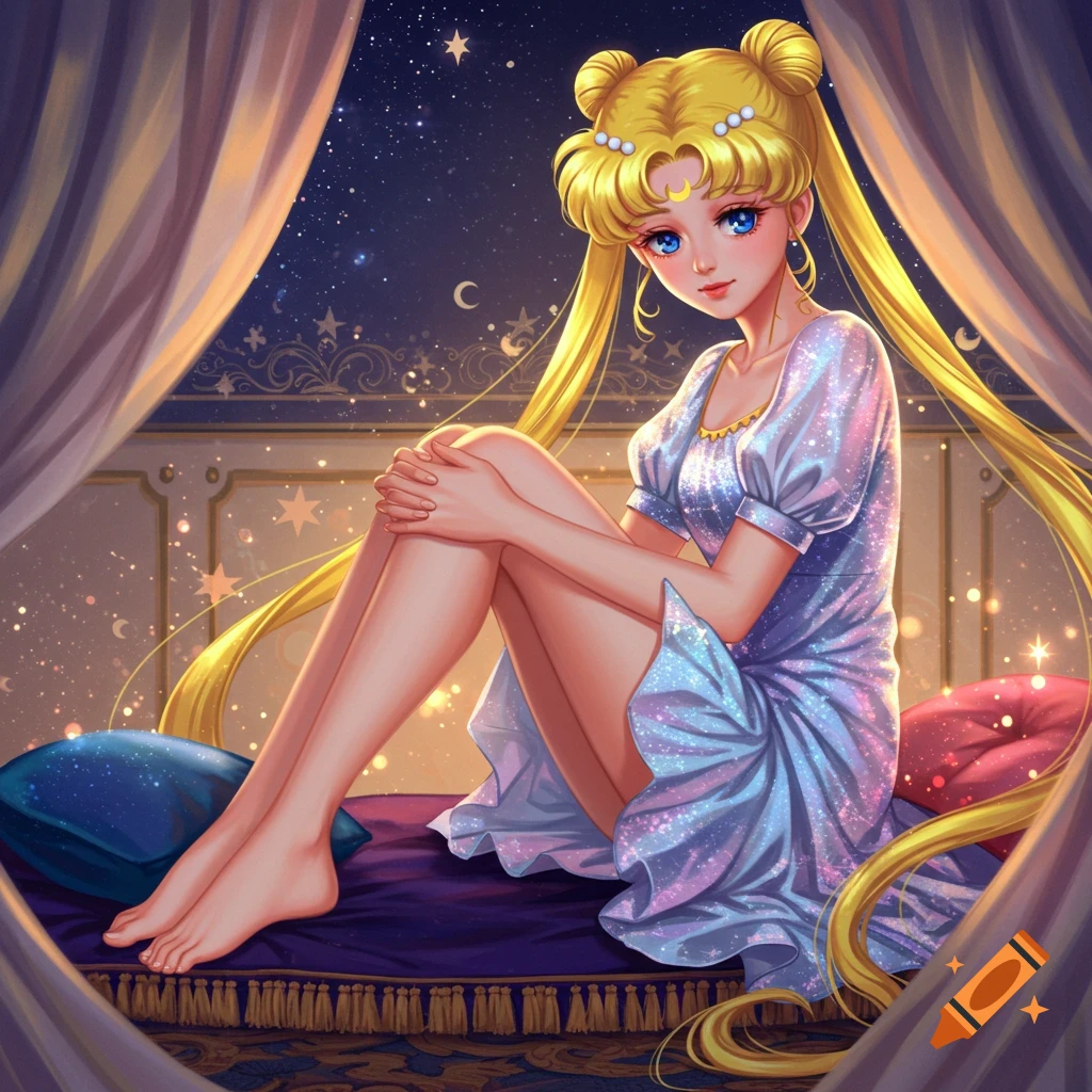 Anime character Usagi Tsukino sits barefoot in a sparkly light blue dress on a bed under a starry night sky.