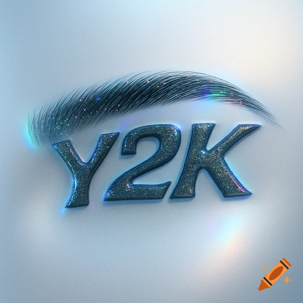 A glittery blue Y2K text with a dark, shimmering eyebrow arching above it, against a soft light blue background.