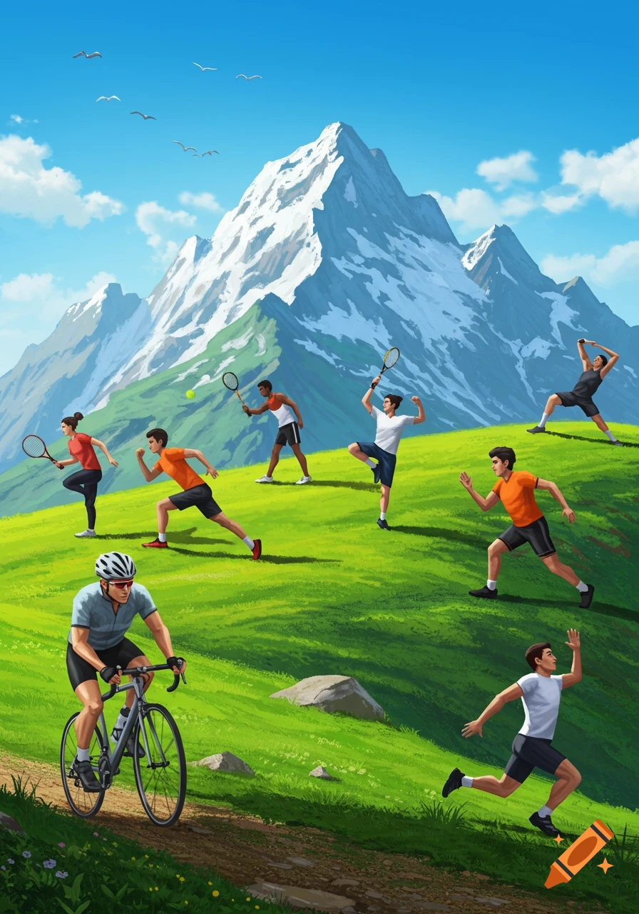 An illustration of multiple people exercising and playing sports on a green hillside with a snow-capped mountain range in the background. A cyclist rides on a path, while others run, stretch, and play tennis.