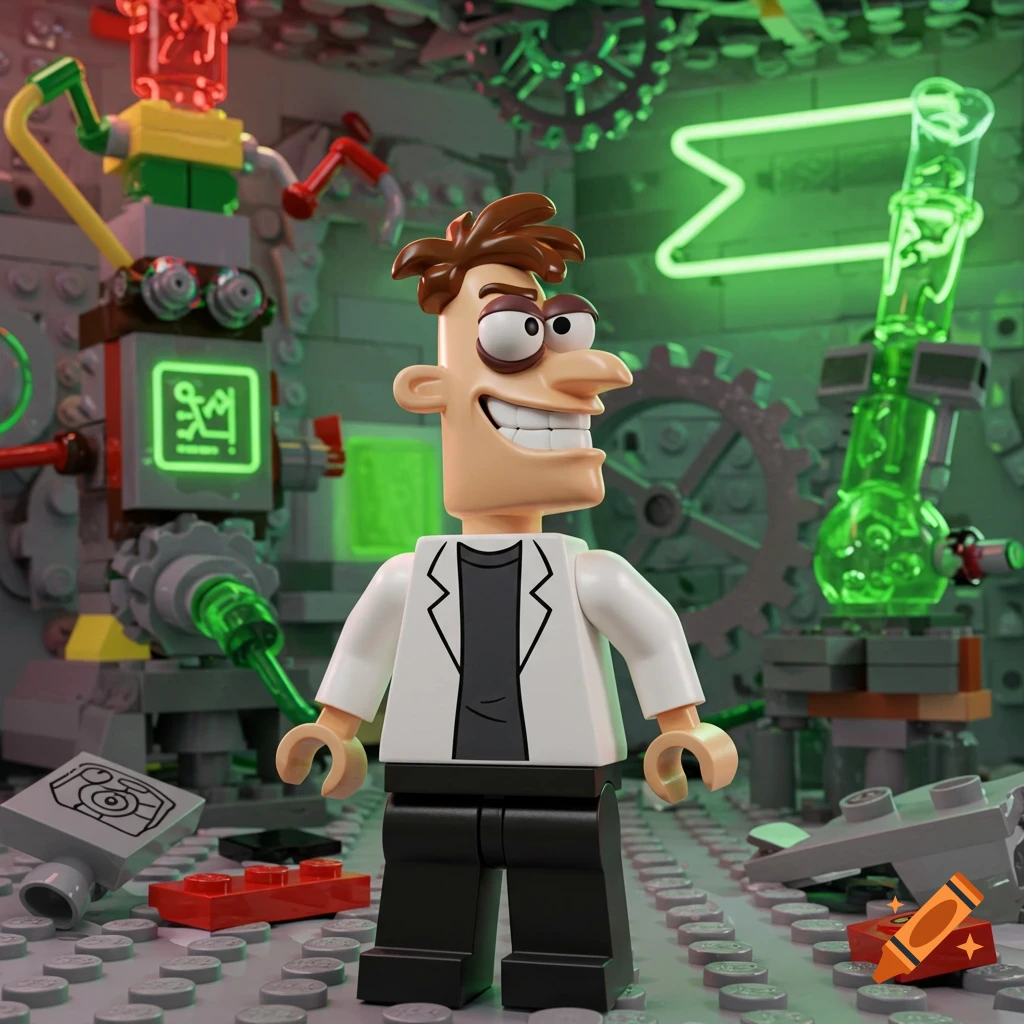 Lego minifigure of Dr. Doofenshmirtz smiling in a sci-fi lab with glowing green machinery.