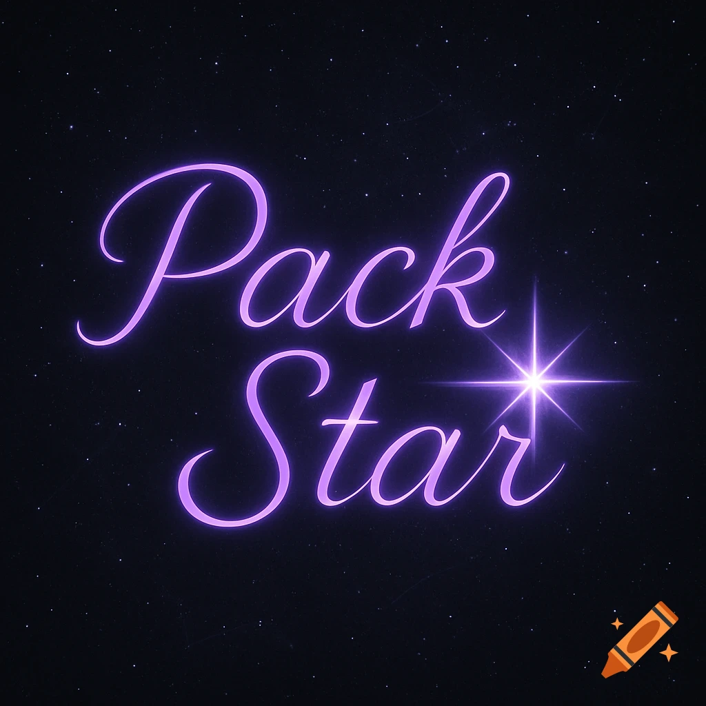 Purple neon text "Pack Star" glowing against a dark, starry night sky, with a bright star next to the word "Star".