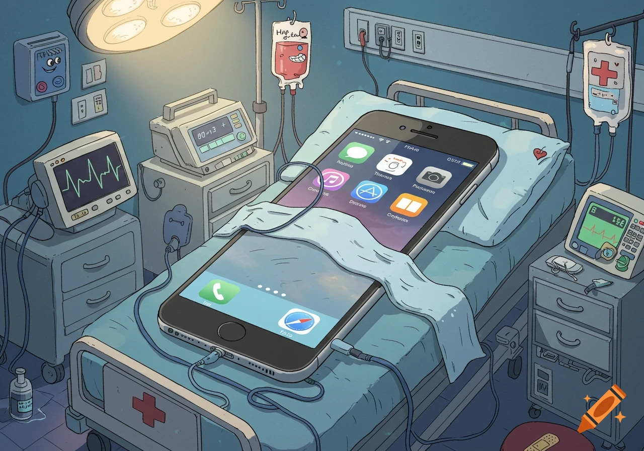 Cartoon illustration of an iPhone in a hospital bed with an IV drip and medical monitors, depicting it in critical condition.