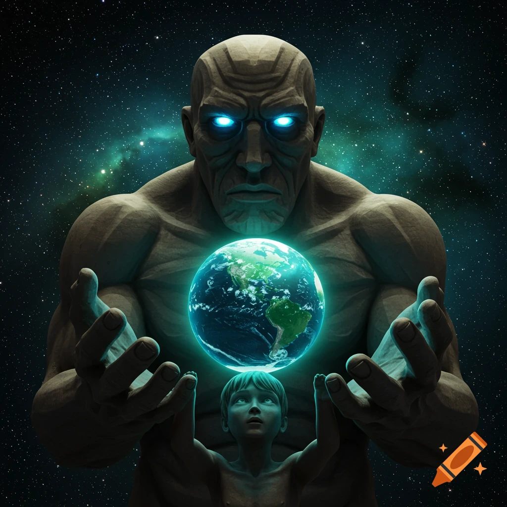 A large, powerful, bald figure with glowing blue eyes holds a glowing Earth, while a small child looks up at it, set against a starry cosmic background.