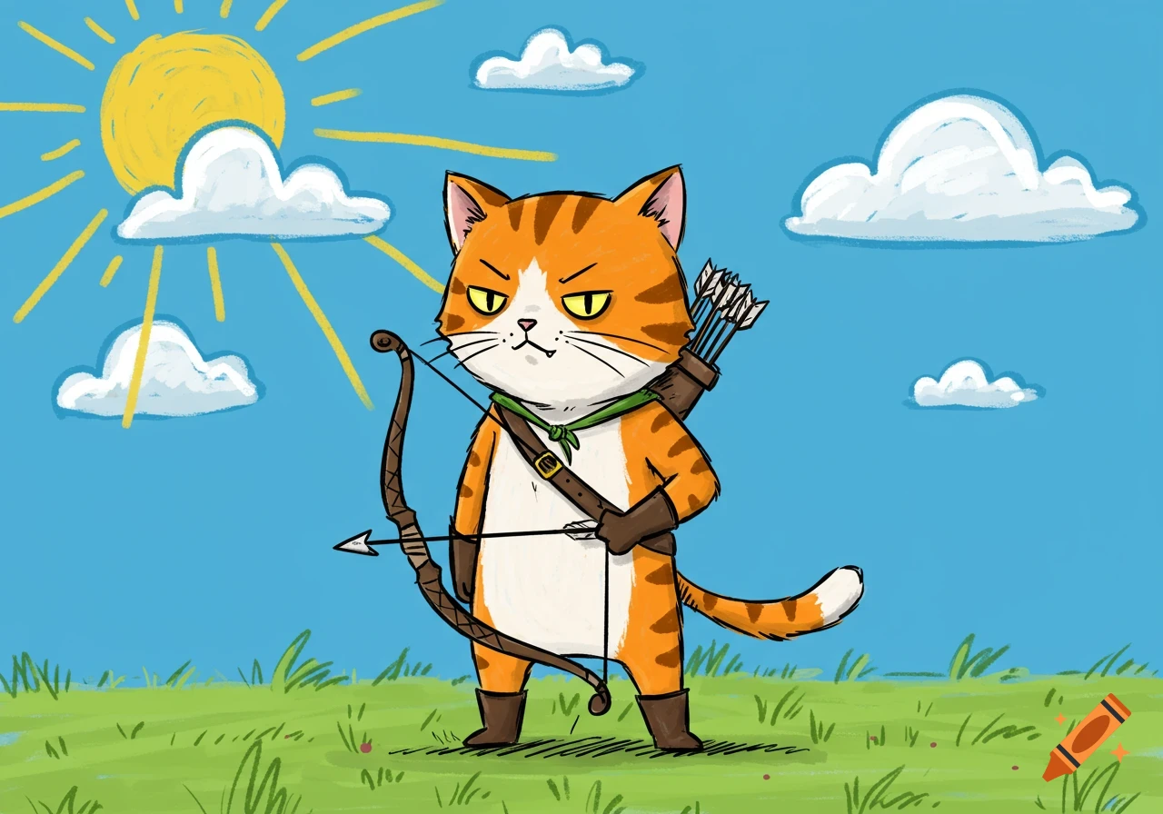 A naive illustration of a tough orange tabby cat archer with a bow and arrow, standing in a grassy field under a sunny blue sky.