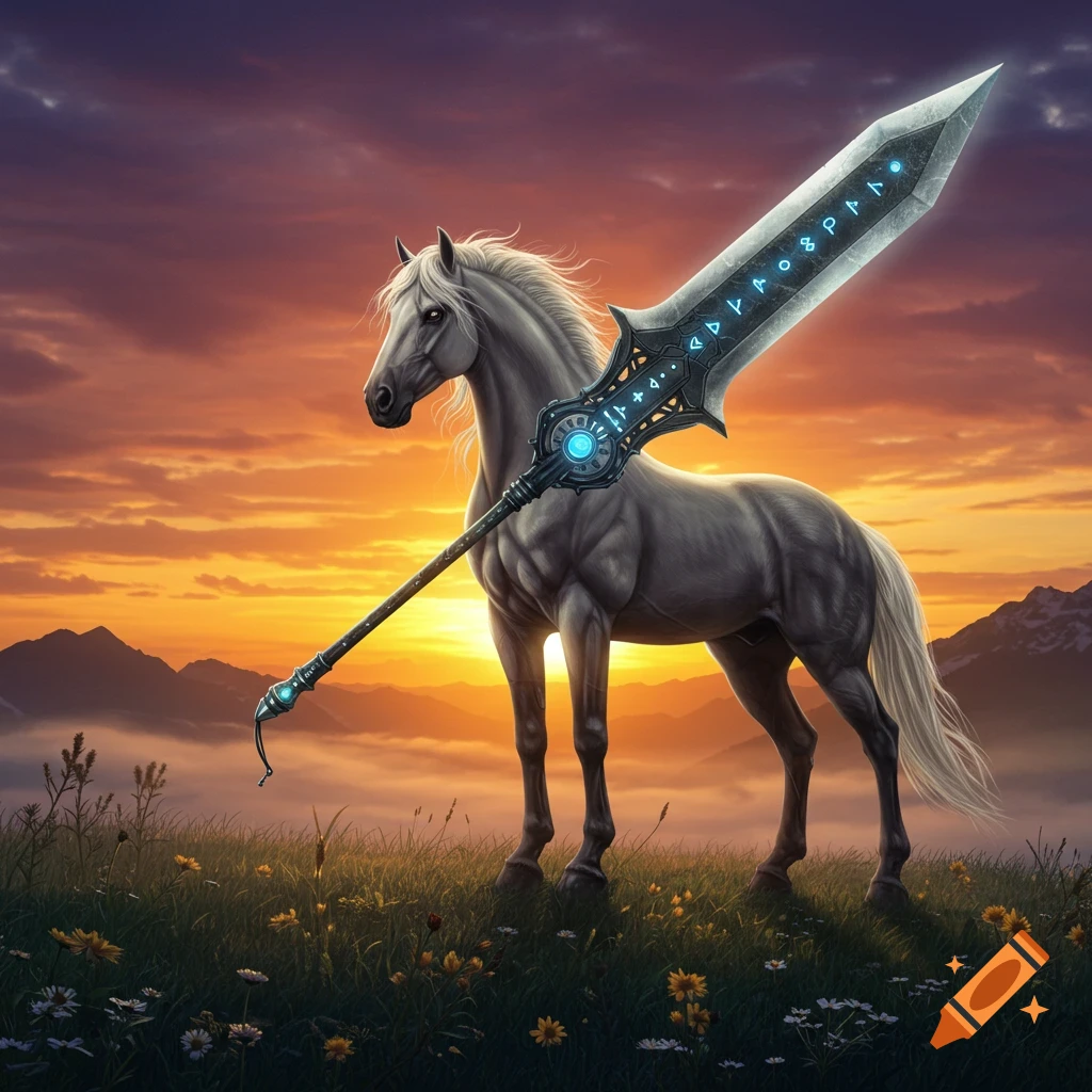 A majestic white horse stands in a grassy field at sunset, wielding a giant, glowing fantasy sword with runes.
