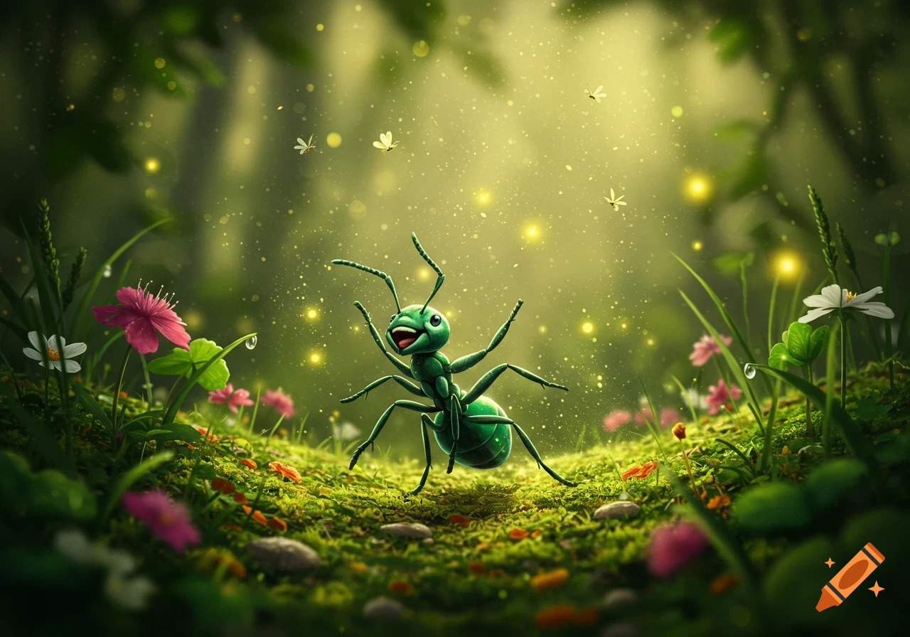 A happy, cartoonish green ant with a big smile trots in a magical forest filled with glowing dust, fireflies, and colorful flowers.