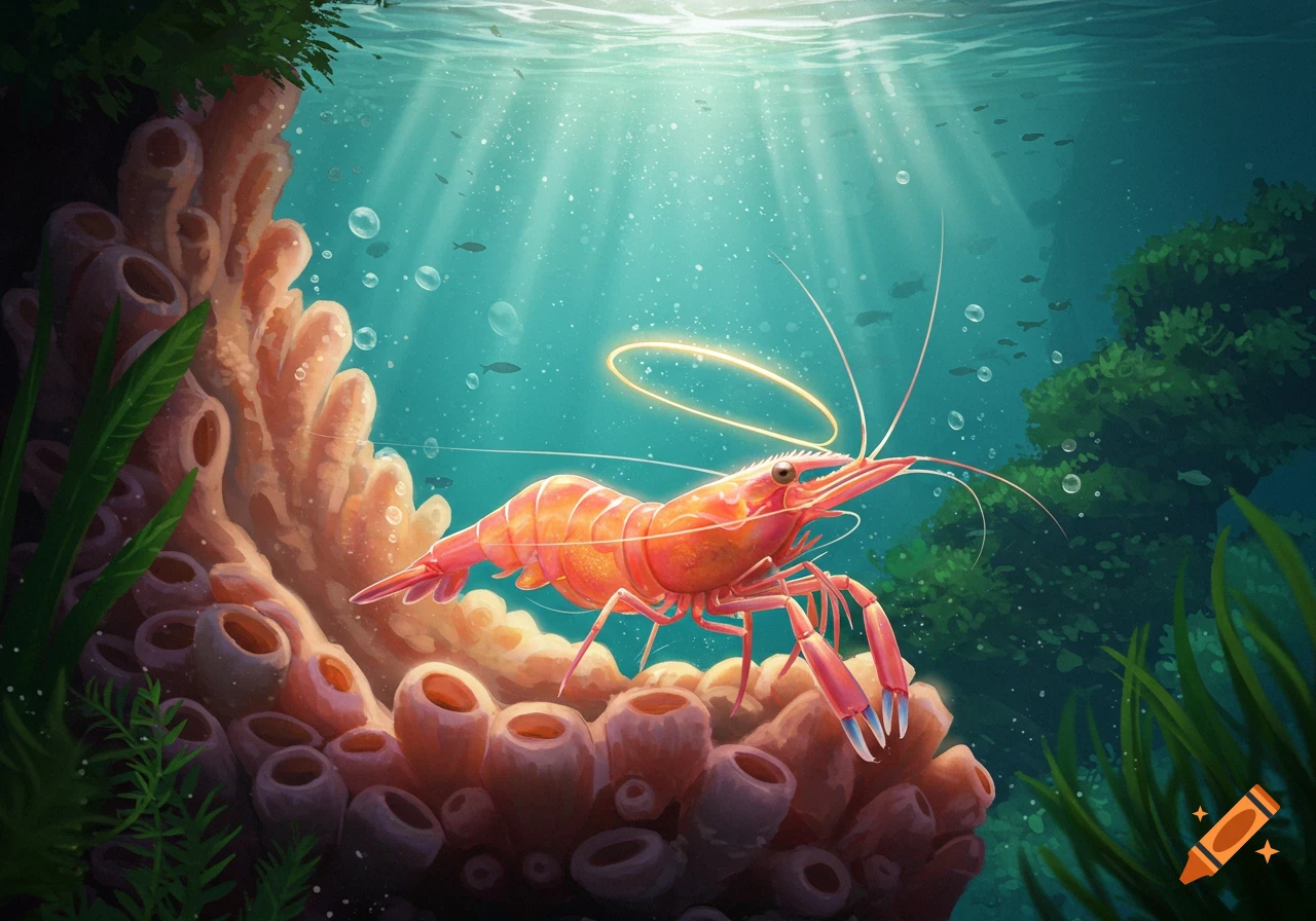 A red shrimp with a glowing halo swims underwater amidst coral, plants, and sunbeams.
