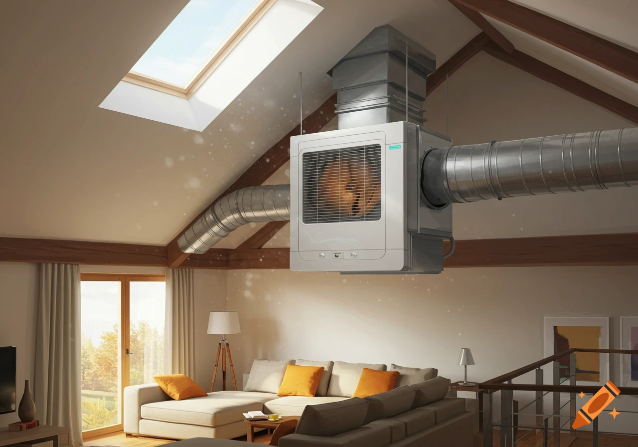 A modern PIV ventilation unit with ductwork installed in the ceiling of a bright, open-plan loft living room with a skylight, a large sofa, and wooden beams.