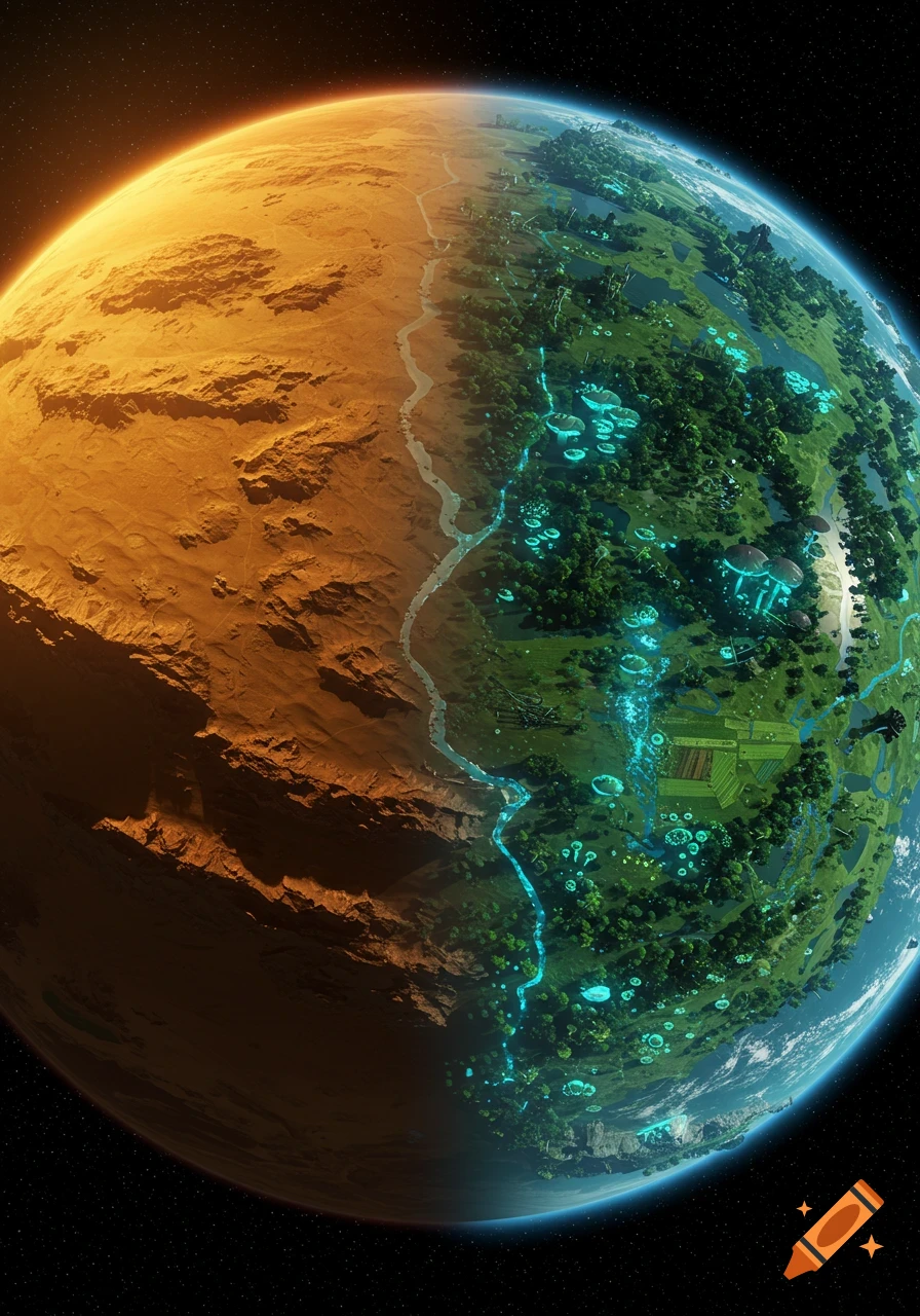 A tidally locked planet with a desert half and a lush, glowing green forest half, divided by a river.