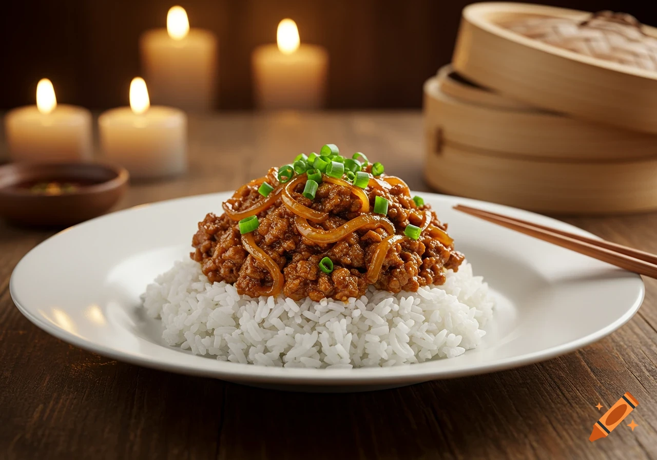 A close-up of minced pork with caramelized onions and green onions over white rice, with blurred candles and bamboo steamers in the background.