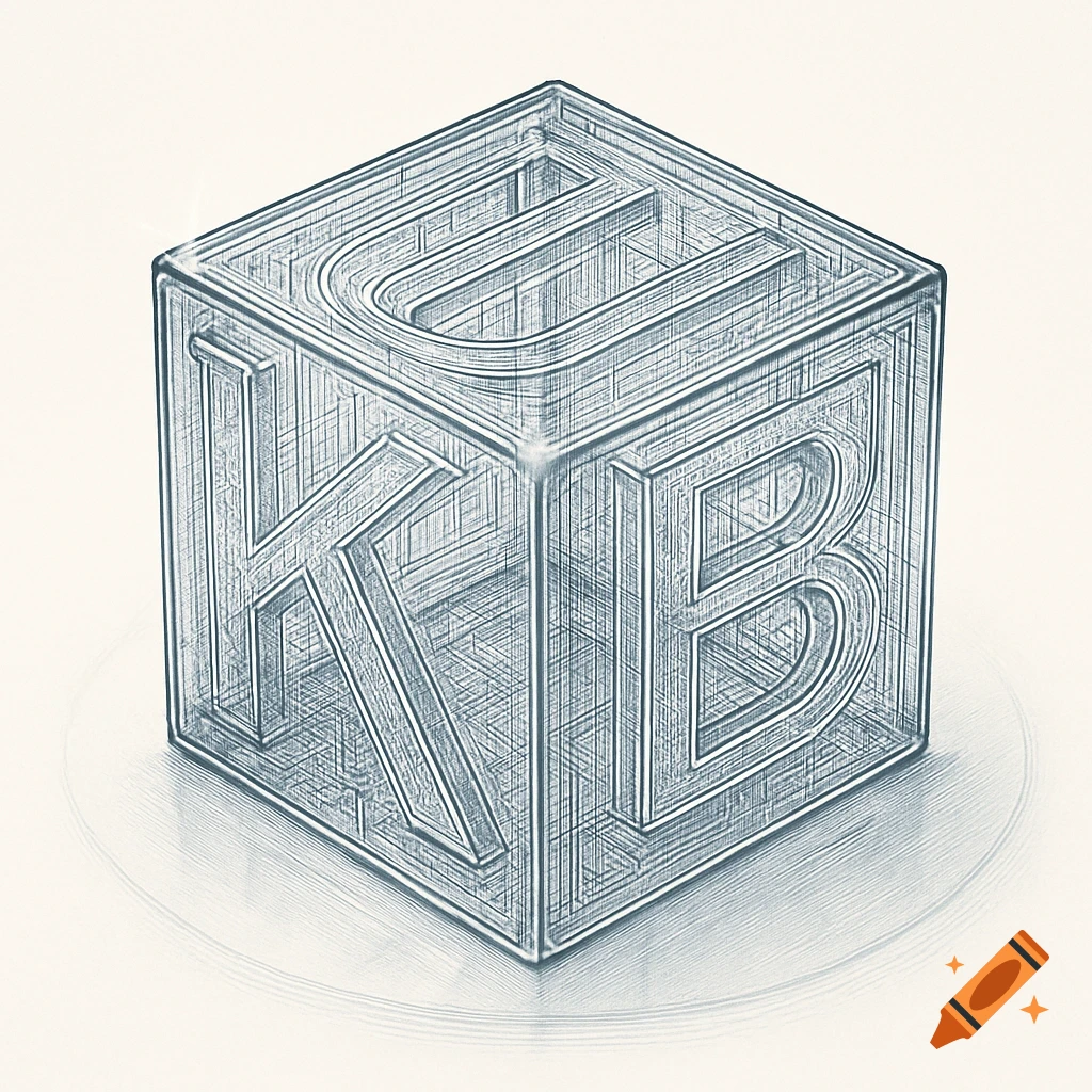 A transparent cube with etched letters U, K, and B on its visible sides, rendered in a detailed technical sketch style.