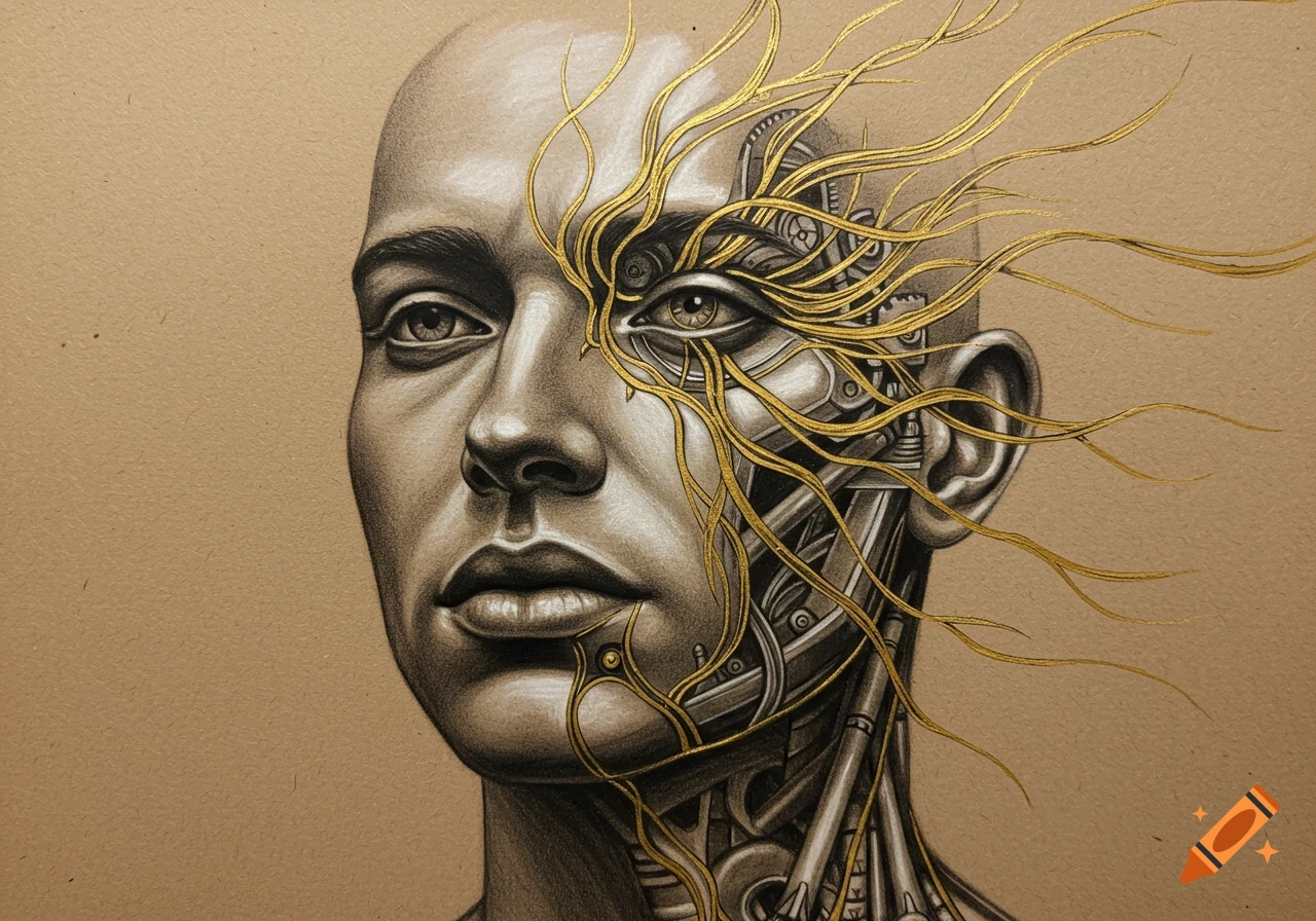 A charcoal drawing on toned paper depicting a person's head, half human face, half mechanical gears and wires with golden lines tracing contours.