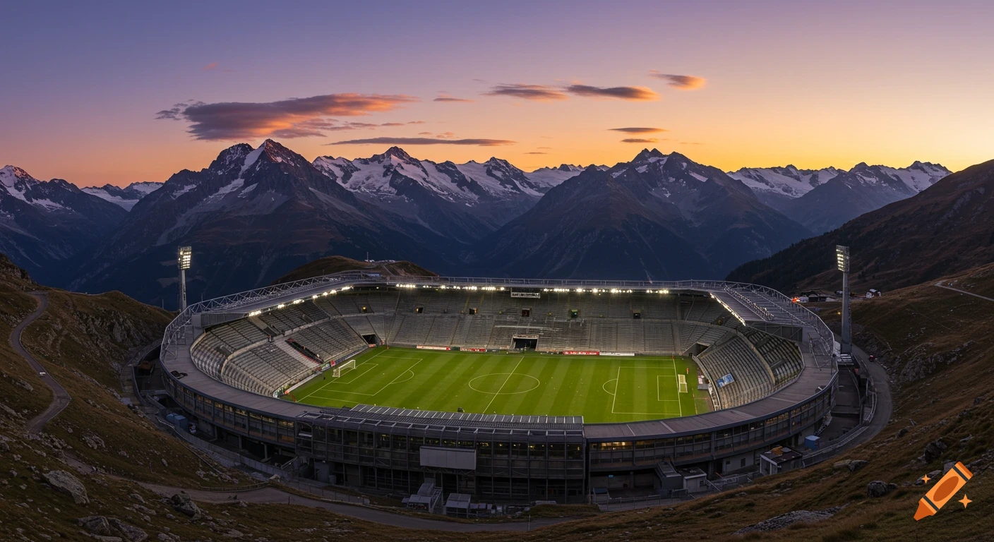 A soccer stadium surrounded by snow-capped mountains at sunset, with the field illuminated.