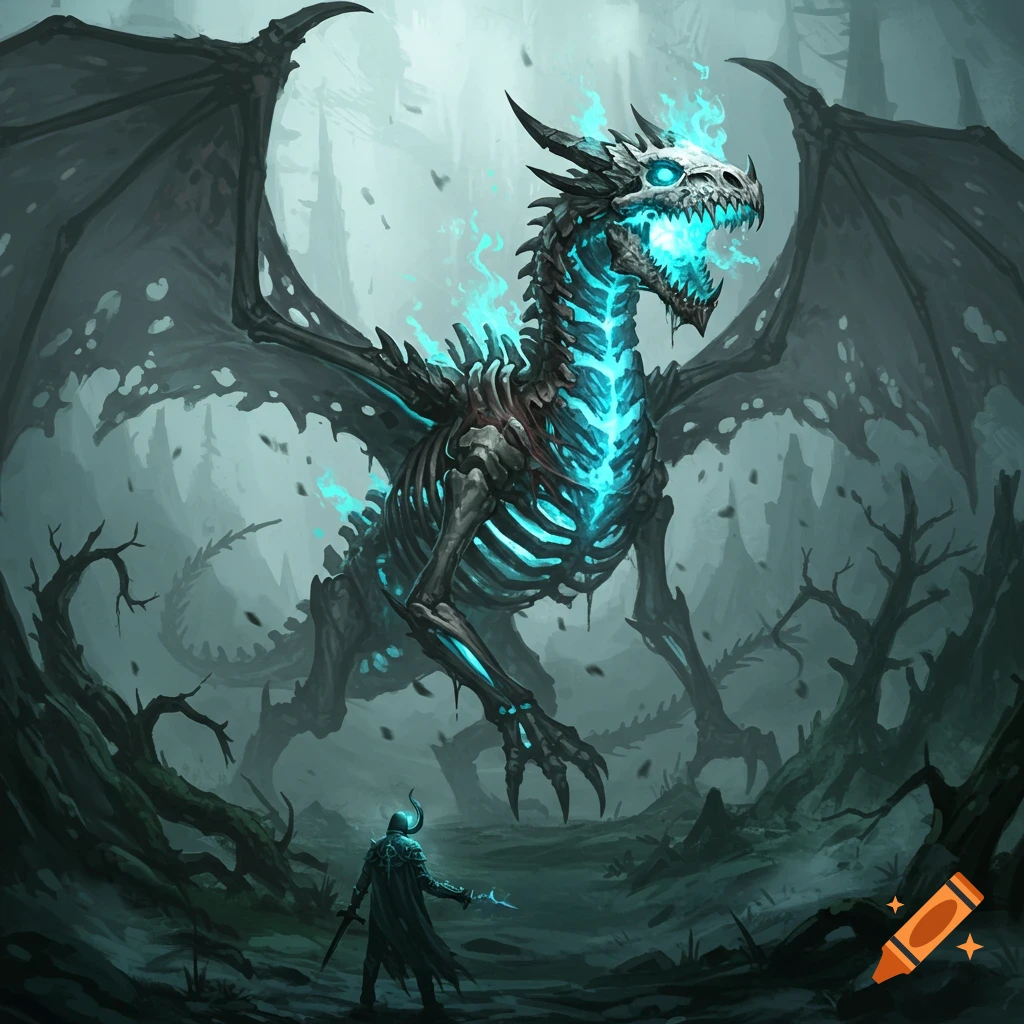 A skeletal undead dragon with glowing blue fire faces a lone warrior in a dark, misty forest, fantasy illustration.