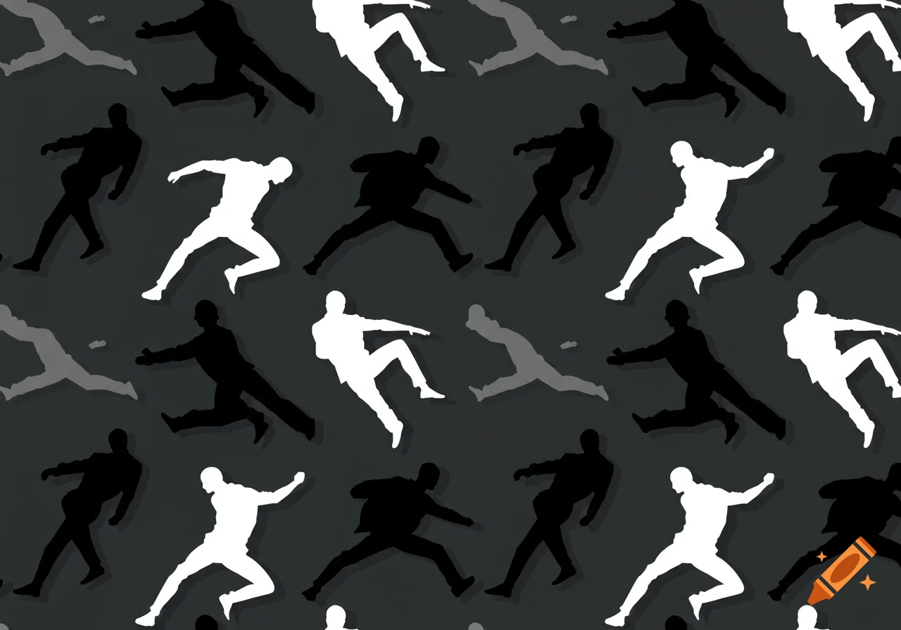 A seamless pattern of black, white, and gray male silhouettes in various dynamic, active poses against a dark background.