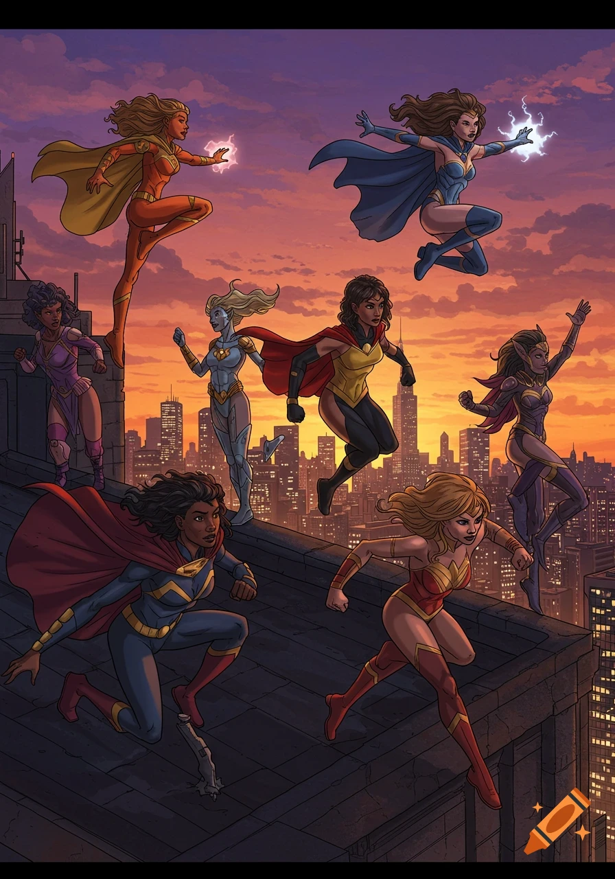 Eight diverse female superheroes pose and run on a city rooftop at sunset, some with glowing powers, in a comic book illustration style.