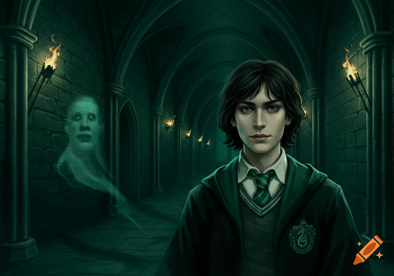A young man with dark hair in a Slytherin uniform stands in a gothic corridor with torches and a ghostly figure.