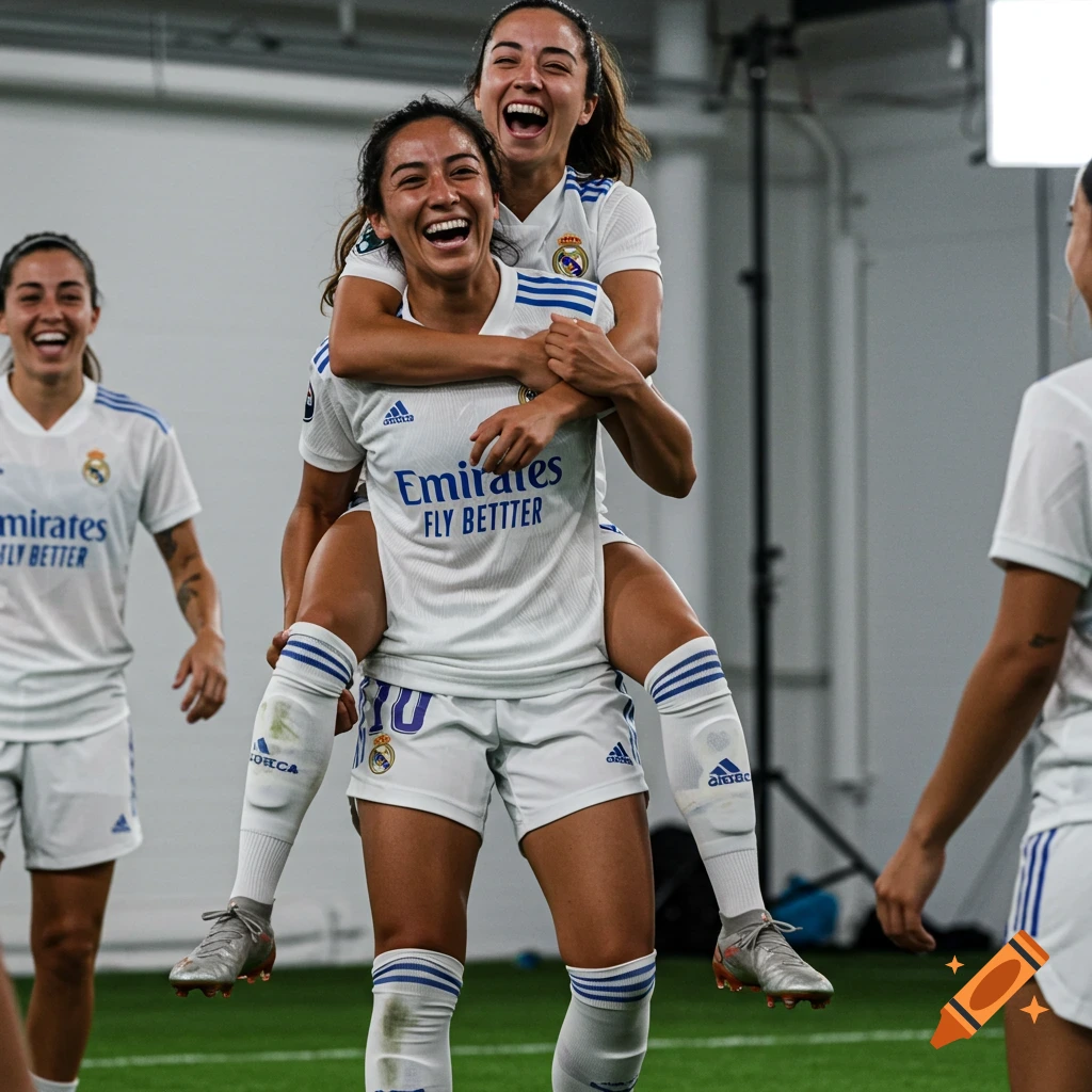 Two laughing female Real Madrid soccer players celebrate with a piggyback ride on a green field, teammates in background.