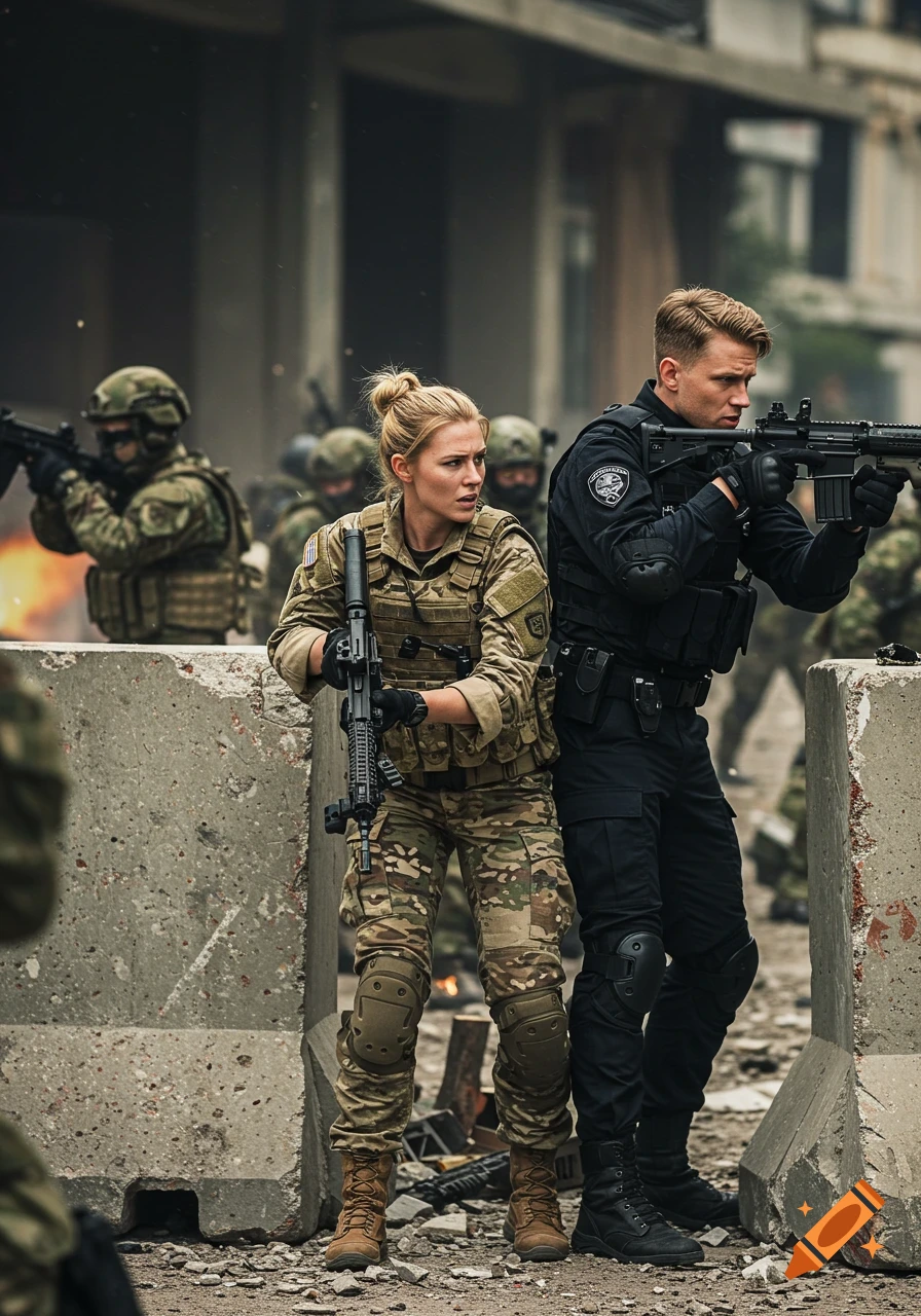 Photorealistic female soldier and male SWAT officer with rifles behind concrete barriers in an urban combat zone.