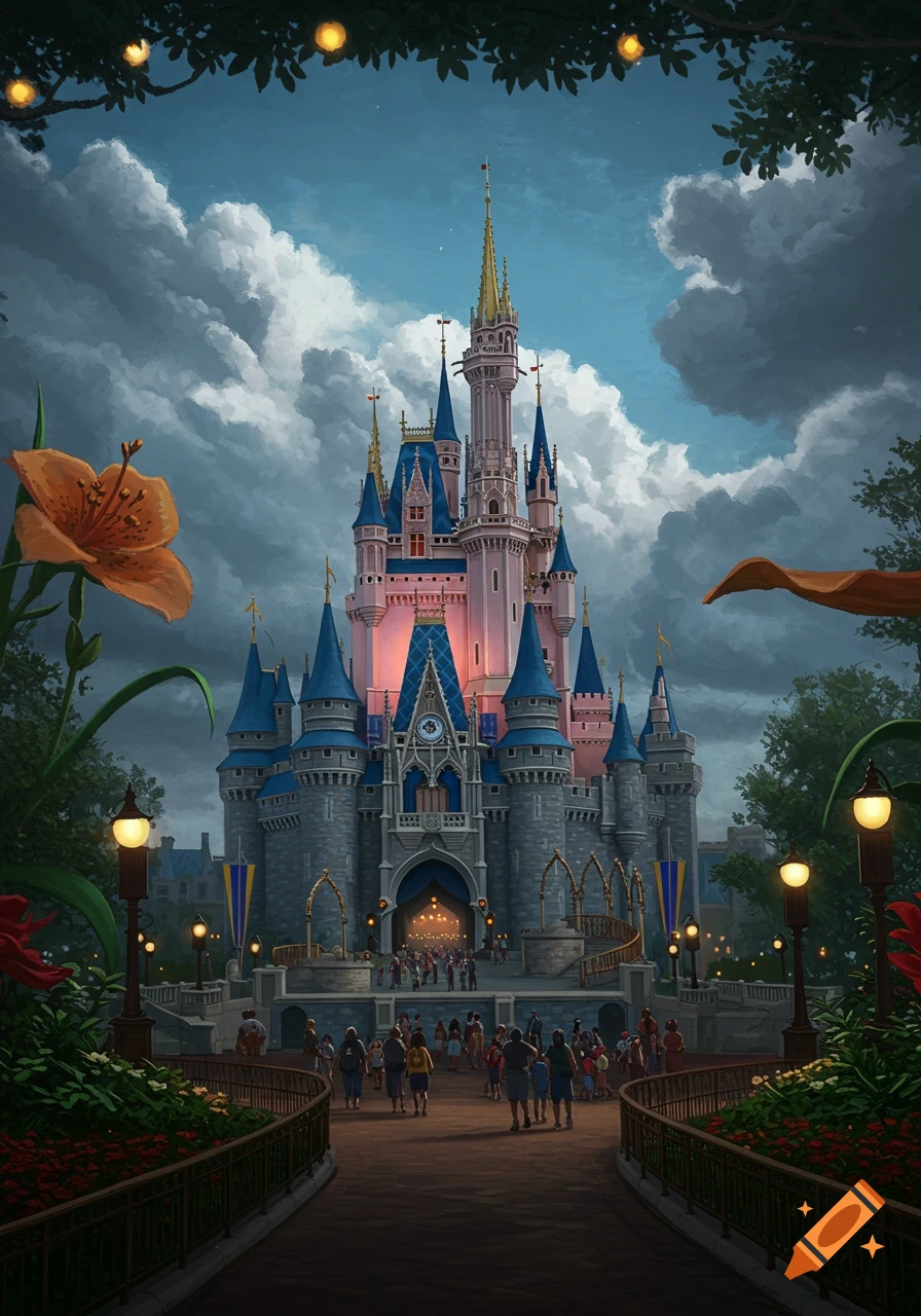 An illustrated Disney castle with pink and blue turrets, under a dramatic cloudy sky, seen from a path with people.