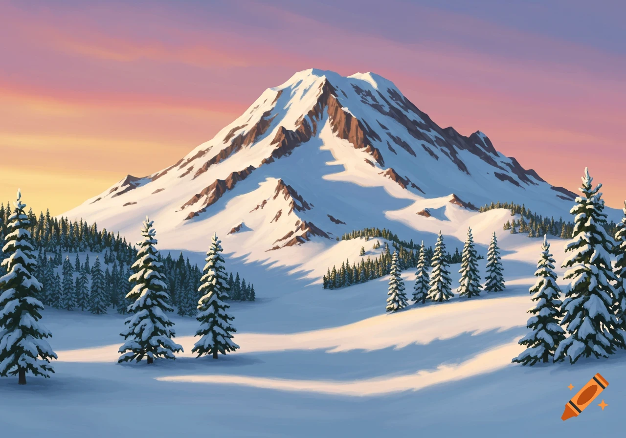 A beautiful painting of a snow-covered mountain with numerous fir trees and a colorful sunset sky.
