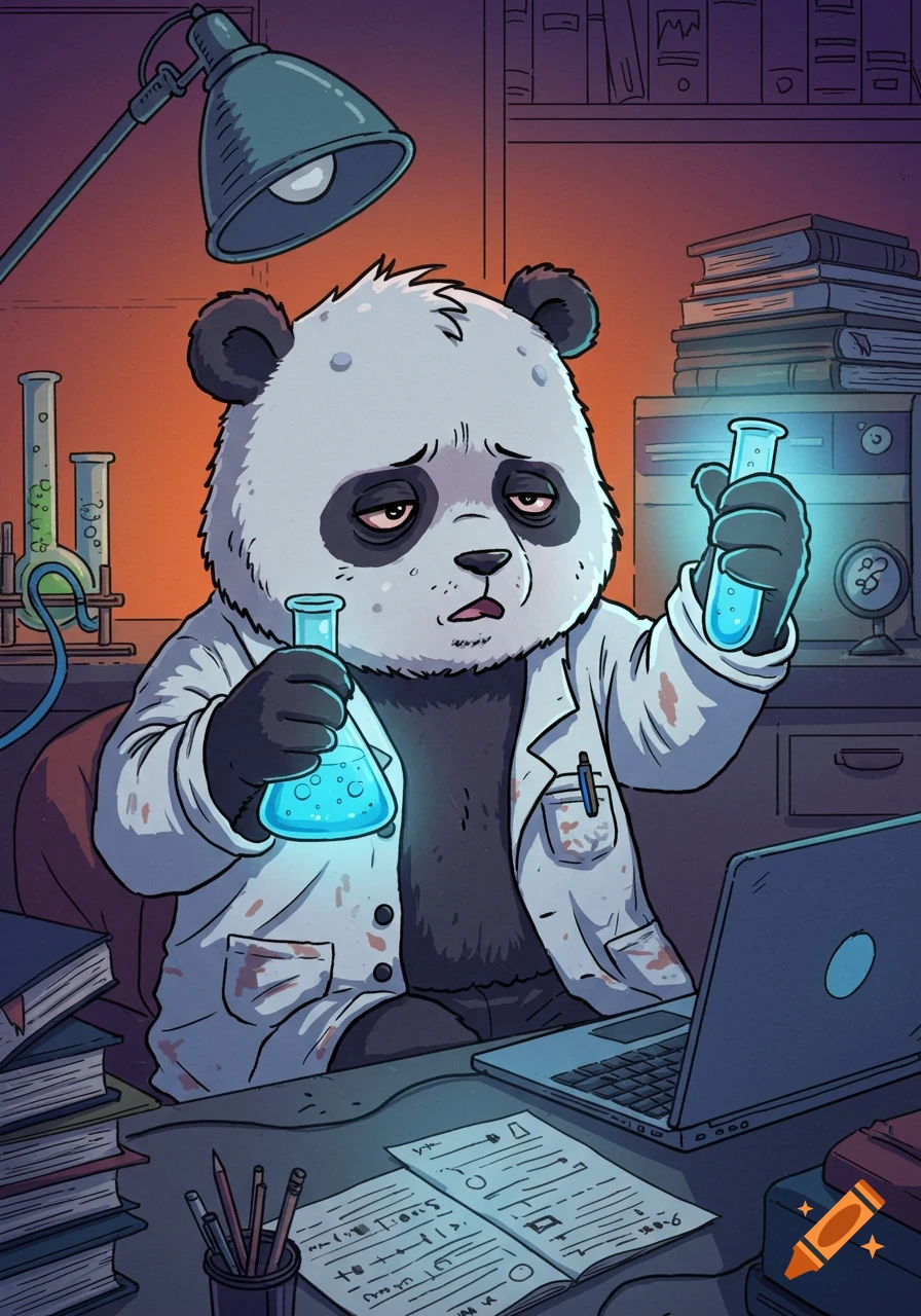 A tired anthropomorphic panda in a stained lab coat holds glowing blue test tubes while sitting at a desk with a laptop in a comic book style.