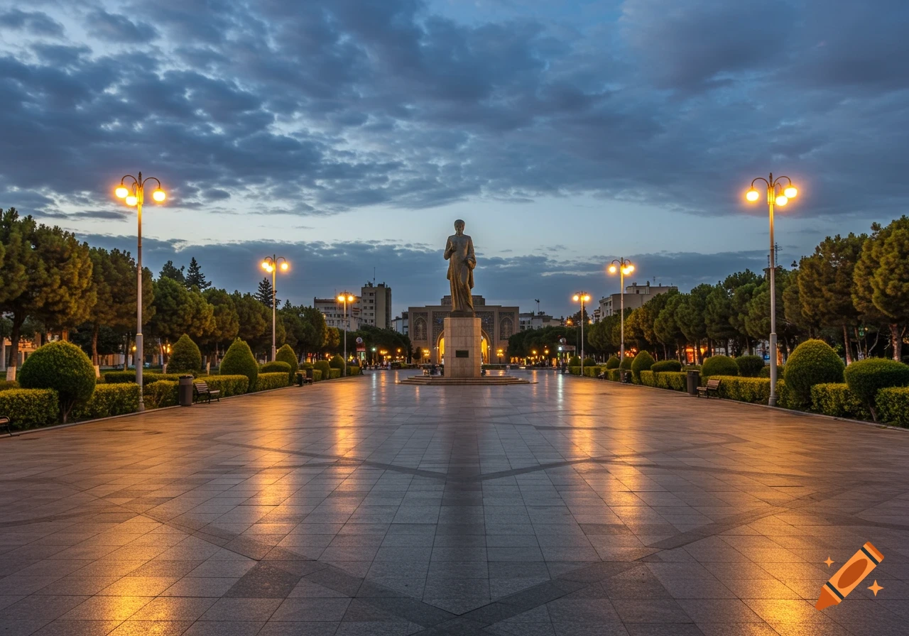 A twilight view of a wide, illuminated public square leading to a statue, flanked by trees and streetlights with distant buildings.