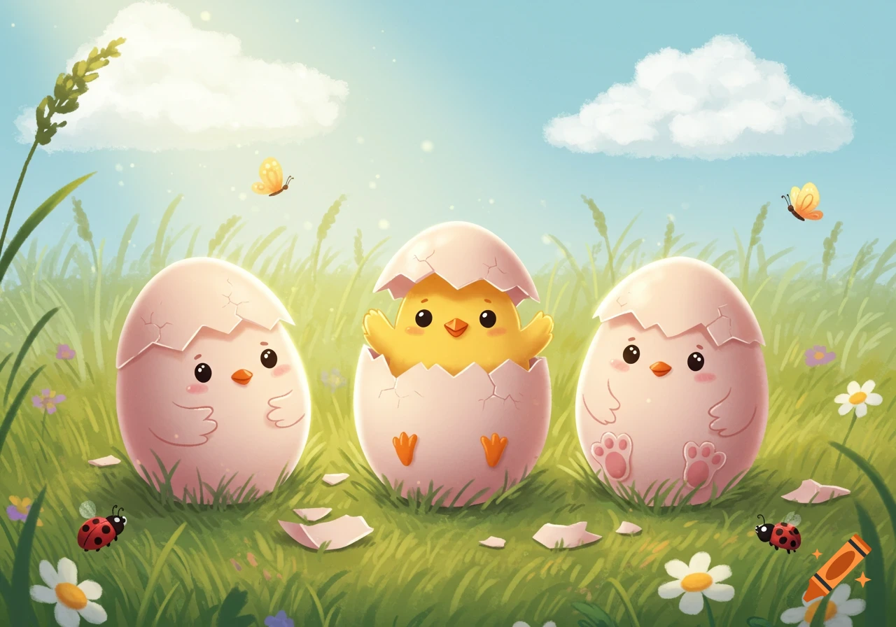 A cartoon scene with three cracked eggs in a grassy field, one chick fully hatched, surrounded by flowers, ladybugs, and butterflies.