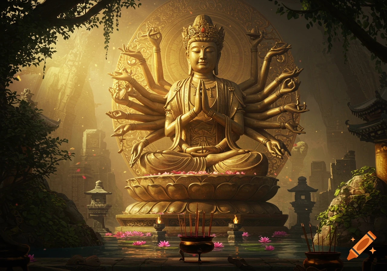 A golden multi-armed Buddhist statue in a meditative pose, surrounded by pink lotus flowers and ancient ruins, bathed in golden light.
