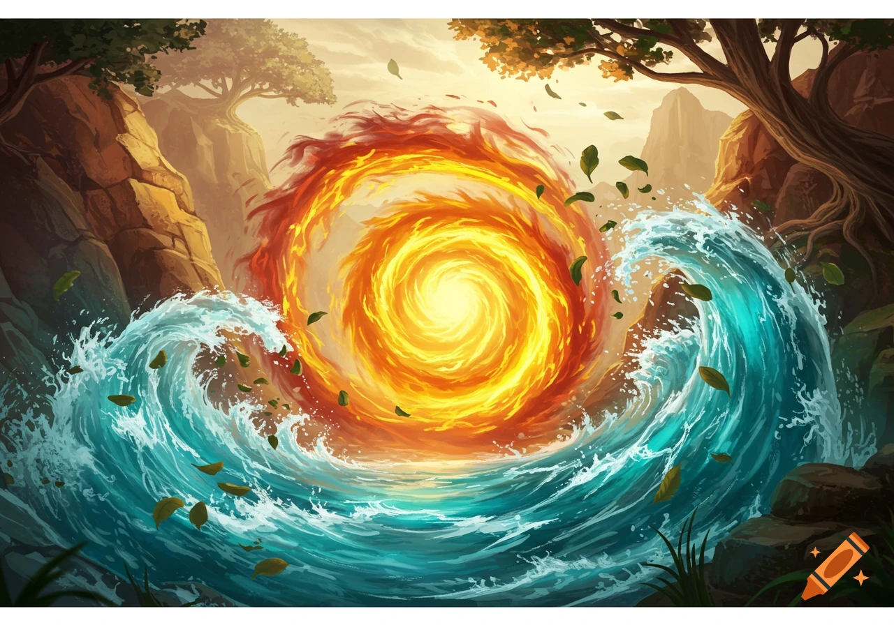 Vibrant fantasy illustration of a swirling vortex of orange fire and blue water, surrounded by rocky cliffs and trees with flying leaves.