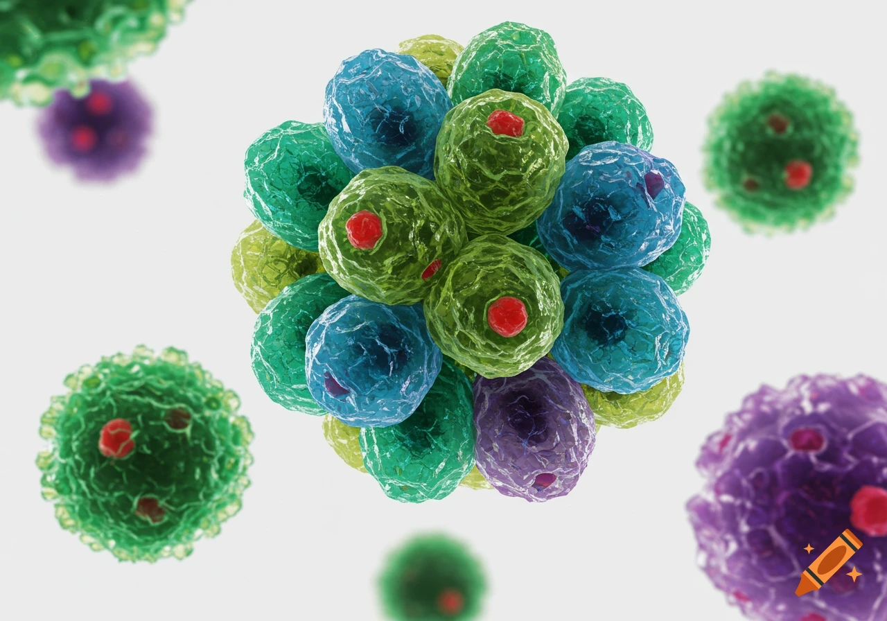 A cluster of vibrant green, blue, and purple microscopic cells or viruses, some with red nuclei, on a white background.