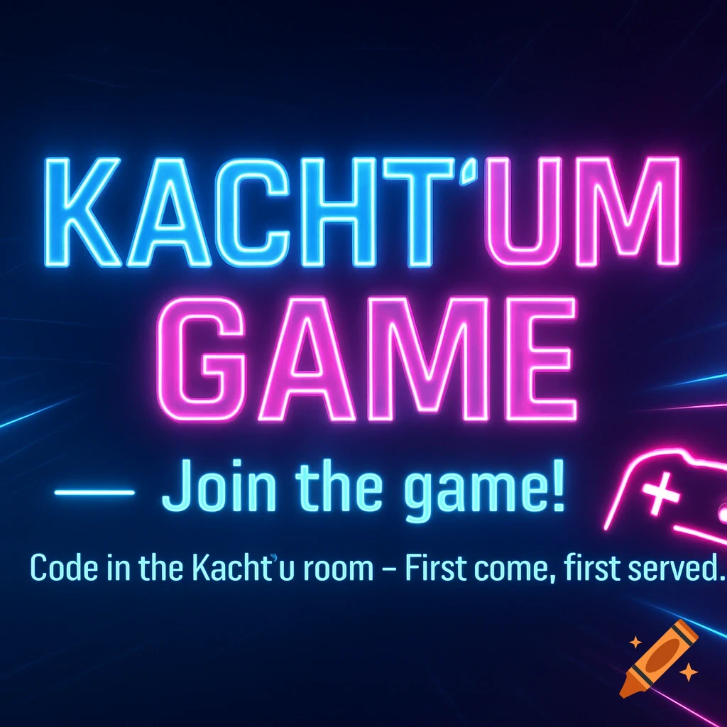 A futuristic gaming banner with blue and pink neon text 'KACHT'UM GAME' and 'Join the game!' on a dark background, featuring a neon gamepad and light streaks.