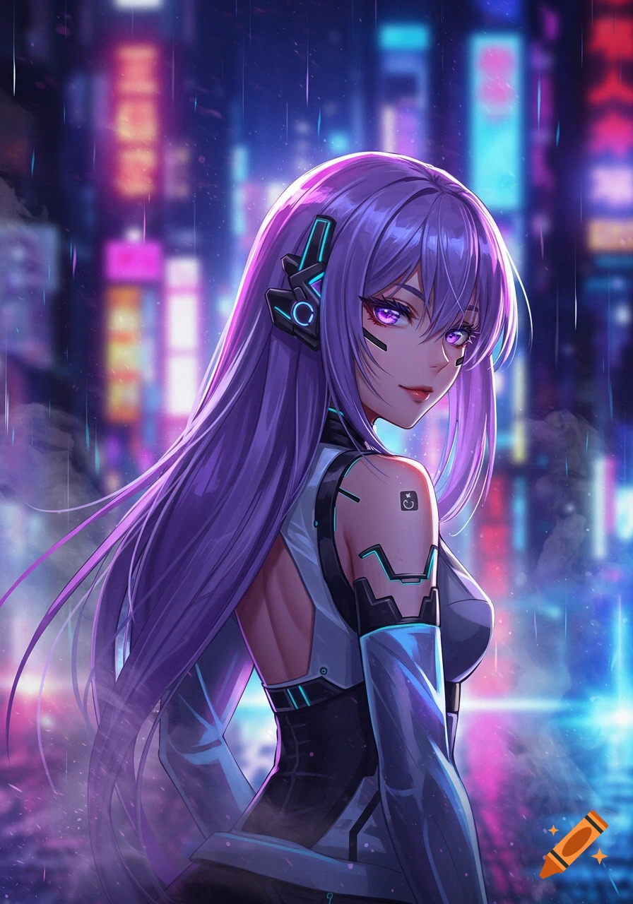 A vibrant anime girl with long purple hair and glowing purple eyes, wearing a futuristic outfit, looks over her shoulder against a neon cyberpunk city background.