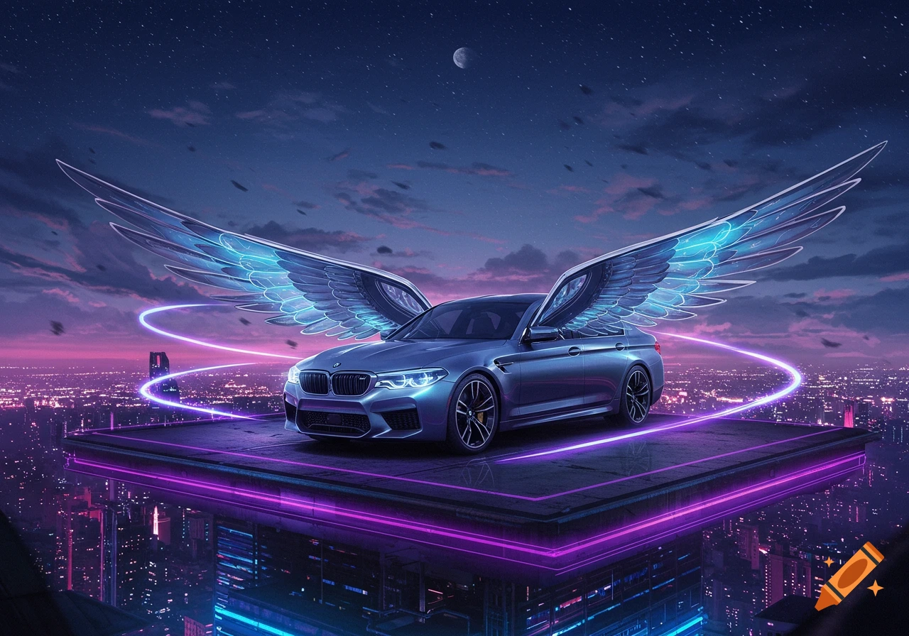 A grey BMW M5 car with glowing blue wings on a neon platform above a futuristic city at night, under a starry sky.