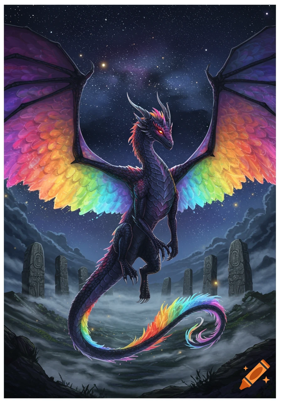 A majestic dark dragon with expansive rainbow-colored wings and tail floats under a starry night sky, above misty ancient stone monoliths.