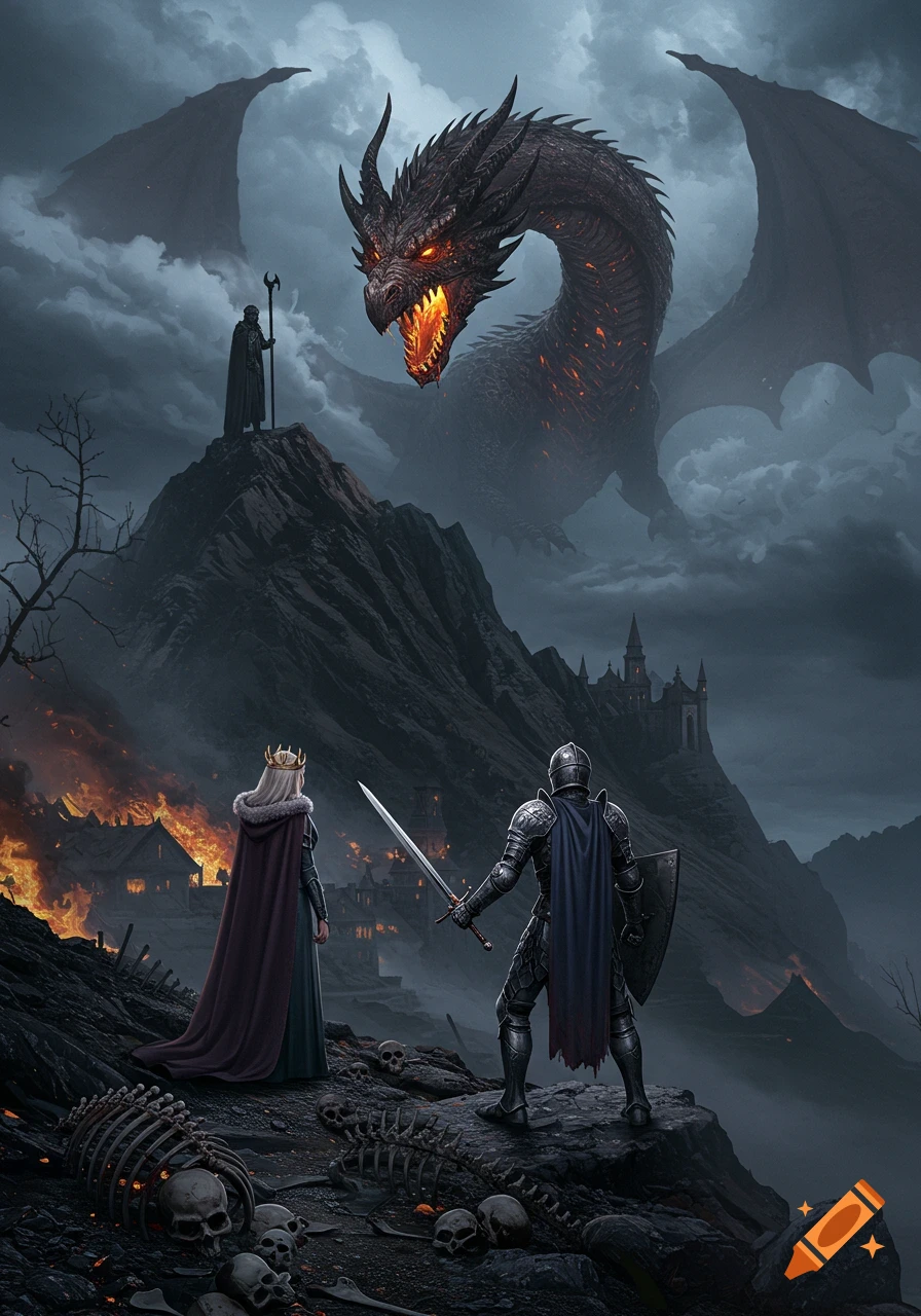 A massive black dragon with glowing eyes looms over a dark, mountainous landscape. A wizard stands on a peak, while a knight and queen overlook a burning village and scattered skeletons below.