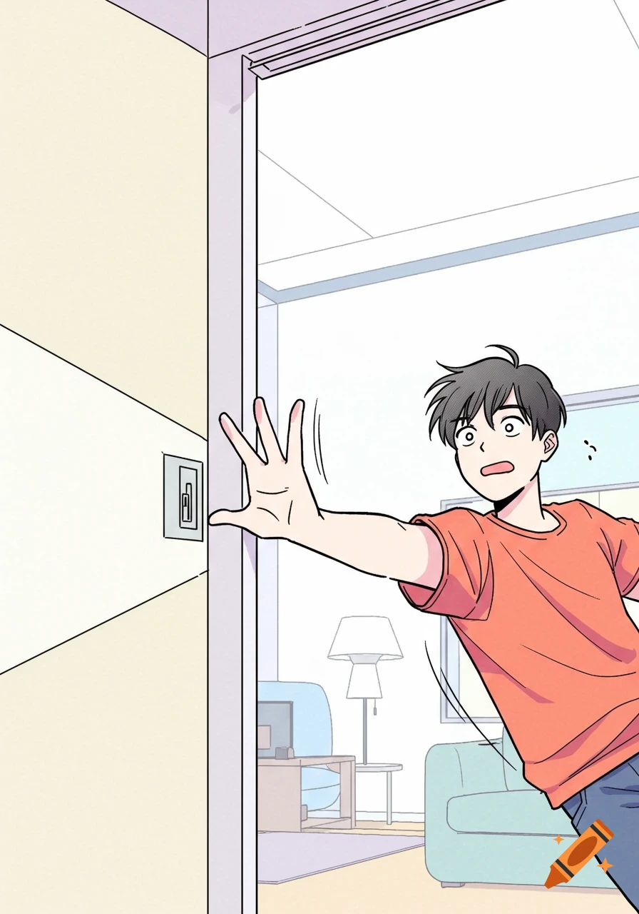 A webtoon-style illustration of a young person with a surprised expression, reaching their hand out towards a closing sliding door.