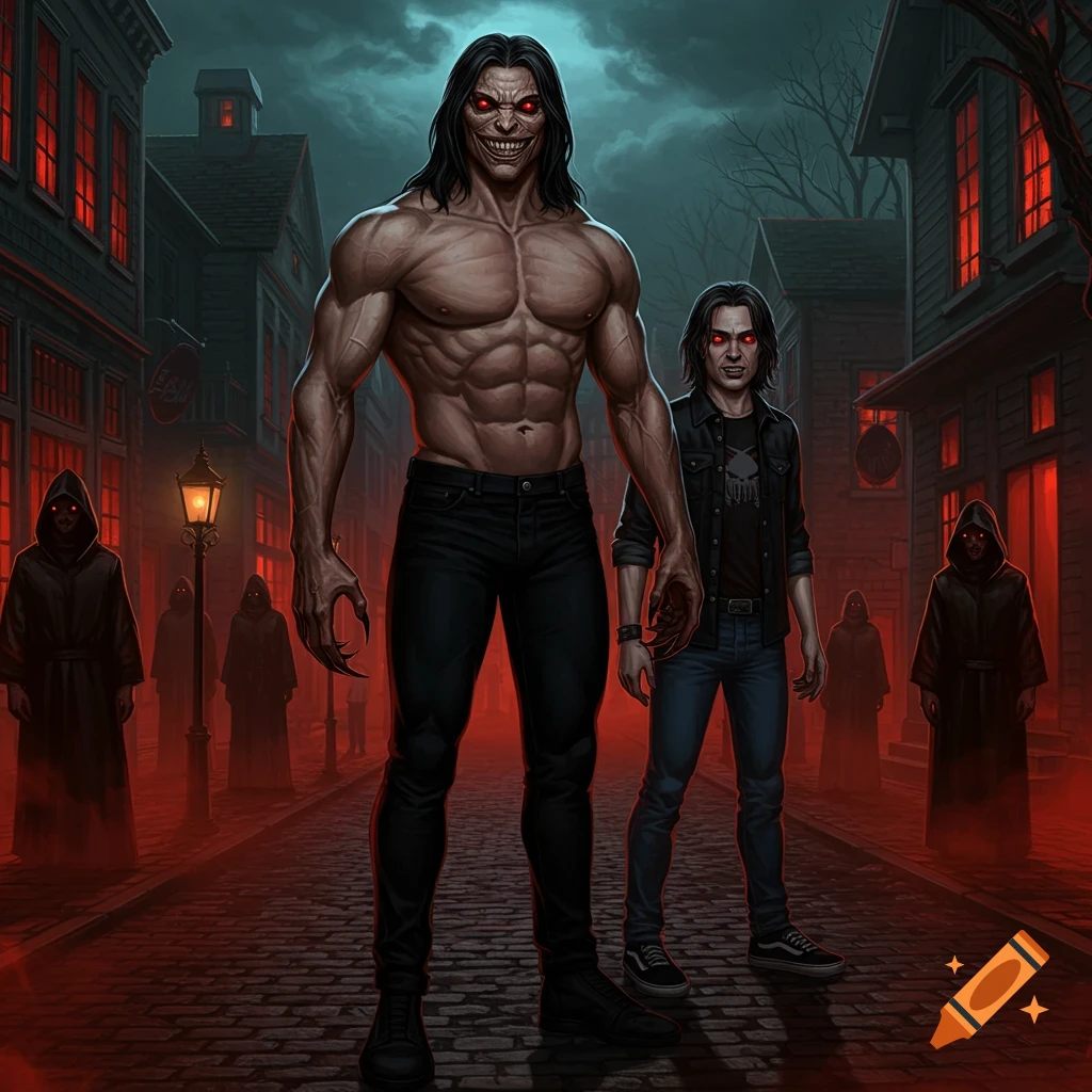 Two red-eyed monstrous figures with claws and sharp teeth stand on a cobblestone street in a dark old town, with hooded cultists.