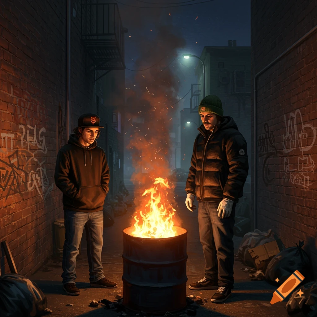 Two men stand by a burning barrel in a dark city alley covered in graffiti, a photorealistic night scene.