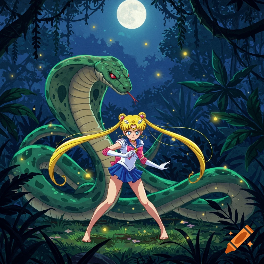 Usagi Tsukino, in her Sailor Moon uniform, stands barefoot in a moonlit jungle, facing a giant green cobra in an anime style.