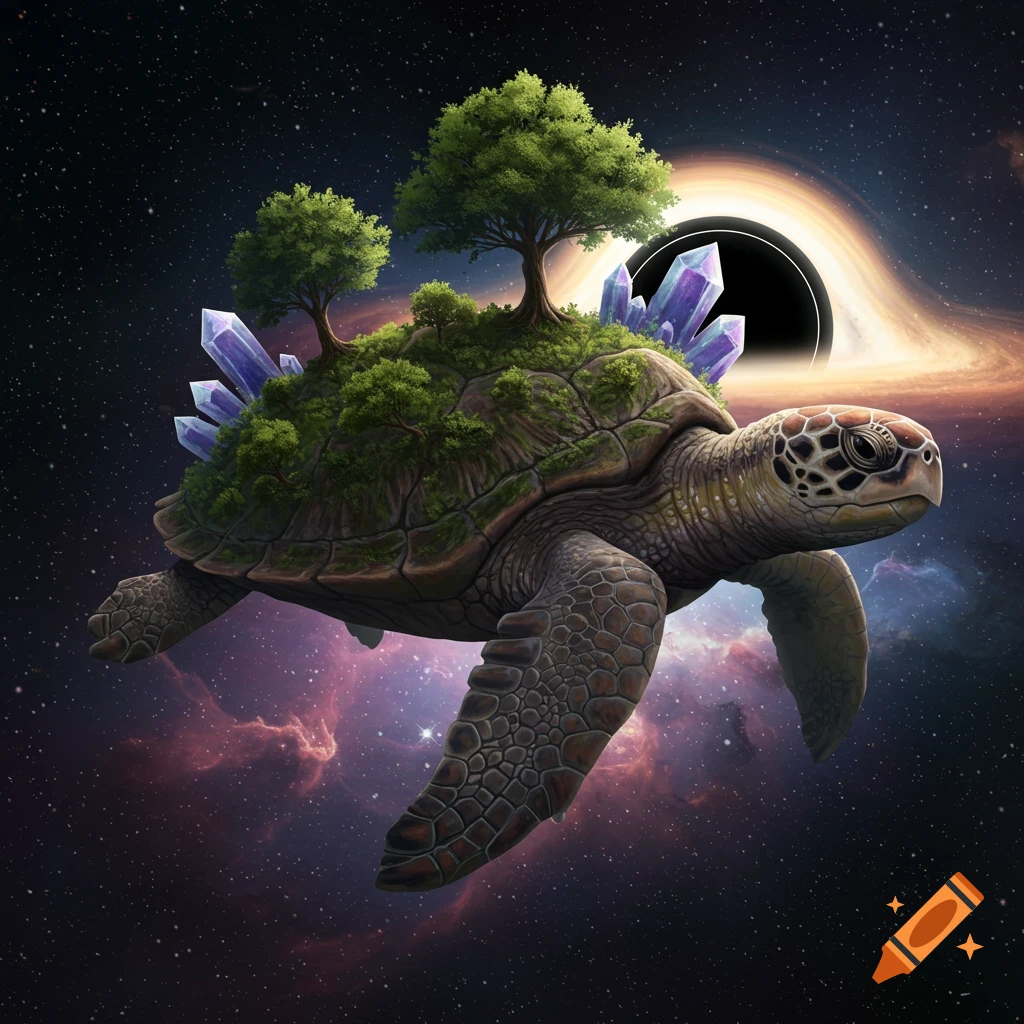 A giant fantasy turtle with trees and crystals growing on its back floats through space near a glowing black hole.