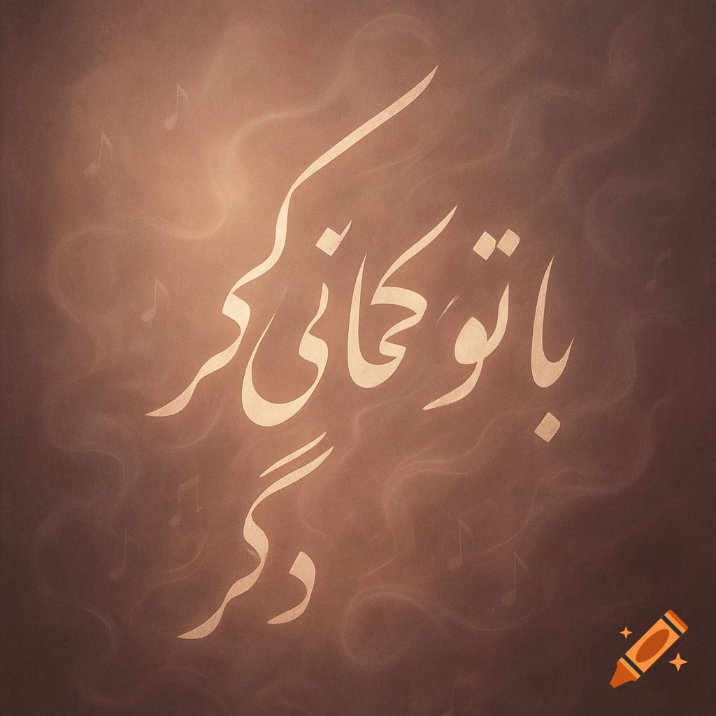 Elegant Persian calligraphy reads " با تو حکایتی دگر " (With you, a different story) on a brown textured background with musical notes.