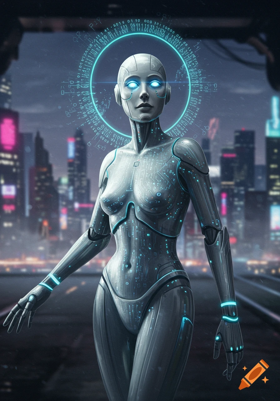 A humanoid AI with glowing blue eyes and circuit patterns, standing in a neon-lit futuristic city at night.