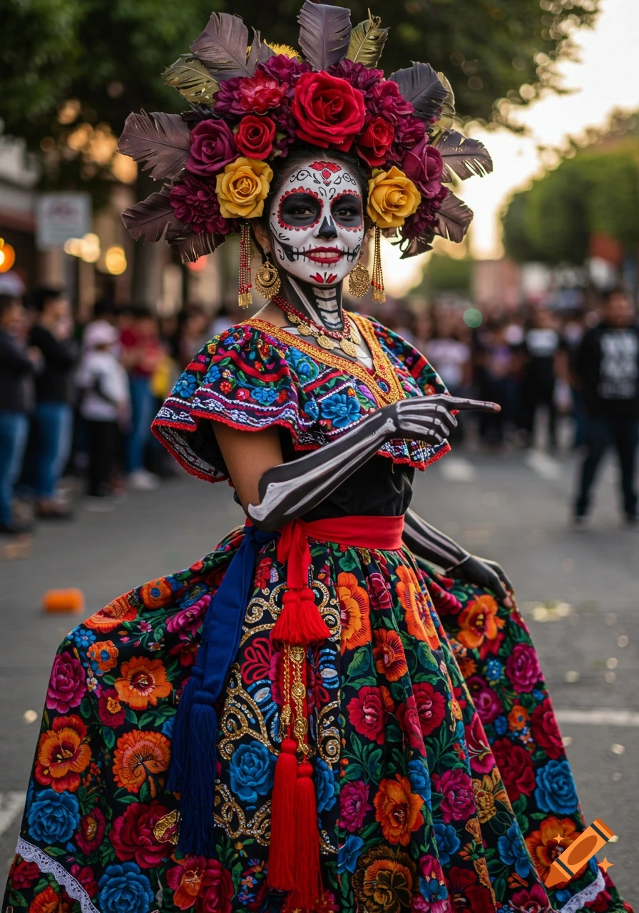 A Catrina with intricate skull makeup, vibrant floral headdress, and embroidered dress, smiling and pointing on a street.