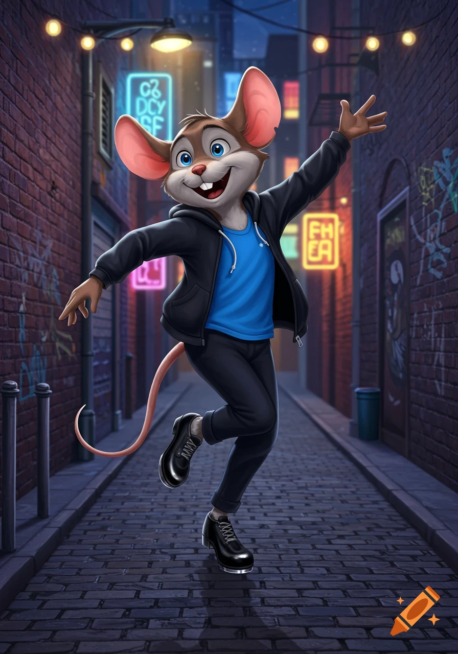 A happy anthropomorphic cartoon mouse wearing a hoodie and tap shoes dances in a dark, neon-lit city alley.